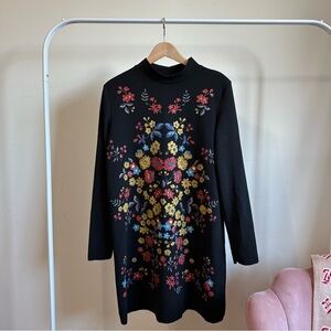 Zara | Black Long Sleeve Floral Textured Short Dress Size M